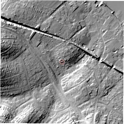 Shaded relief map of the ground around SO456BA, computed from Environment Agency LiDAR. The ground here sits at about 7 m above sea level and falls 27 m across the surrounding 800 m. Surface water reaching this point runs off ground lying to the north-north-east, 3.8 m higher.