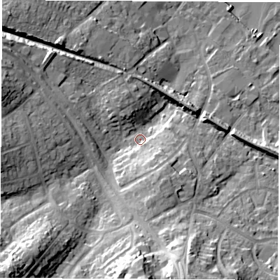 Shaded relief map of the ground around SO456BB, computed from Environment Agency LiDAR. The ground here sits at about 5 m above sea level and falls 27 m across the surrounding 800 m. Surface water reaching this point runs off ground lying to the south-south-east, 9.0 m higher.