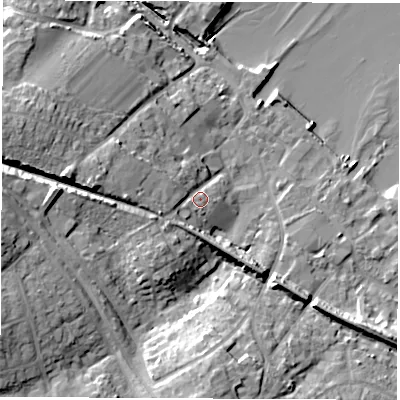 Shaded relief map of the ground around SO456BJ, computed from Environment Agency LiDAR. The ground here sits at about 6 m above sea level and falls 17 m across the surrounding 800 m. Surface water reaching this point runs off ground lying to the west, 6.2 m higher.