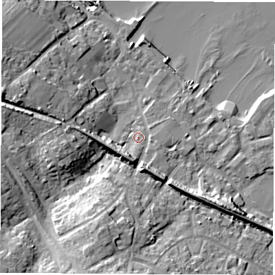 Shaded relief map of the ground around SO456BP, computed from Environment Agency LiDAR. The ground here sits at about 4 m above sea level and falls 16 m across the surrounding 800 m. Surface water reaching this point runs off ground lying to the south-south-west, 6.4 m higher.