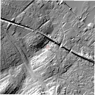 Shaded relief map of the ground around SO456BQ, computed from Environment Agency LiDAR. The ground here sits at about 4 m above sea level and falls 23 m across the surrounding 800 m. Surface water reaching this point runs off ground lying to the south, 8.9 m higher.