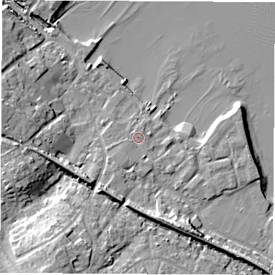 Shaded relief map of the ground around SO456BZ, computed from Environment Agency LiDAR. The ground here sits at about 3 m above sea level and falls 16 m across the surrounding 800 m. Surface water reaching this point runs off ground lying to the south, 1.9 m higher.