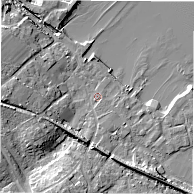 Shaded relief map of the ground around SO456DA, computed from Environment Agency LiDAR. The ground here sits at about 3 m above sea level and falls 15 m across the surrounding 800 m. Surface water reaching this point runs off ground lying to the south-south-west, 10.7 m higher.