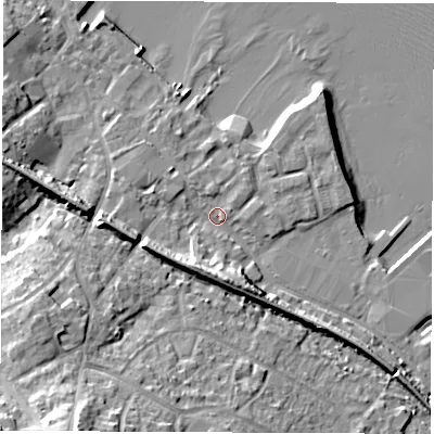 Shaded relief map of the ground around SO456DB, computed from Environment Agency LiDAR. The ground here sits at about 3 m above sea level and falls 22 m across the surrounding 800 m. Surface water reaching this point runs off ground lying to the west-south-west, 10.6 m higher.