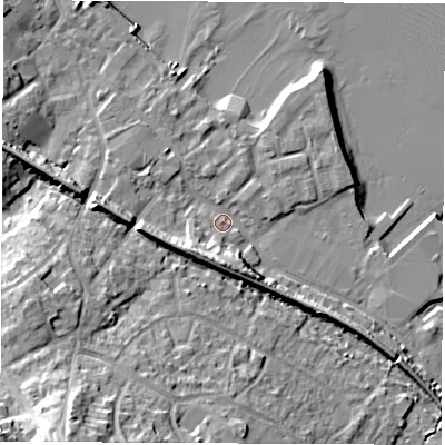 Shaded relief map of the ground around SO456DD, computed from Environment Agency LiDAR. The ground here sits at about 3 m above sea level and falls 24 m across the surrounding 800 m. Surface water reaching this point runs off ground lying to the west-south-west, 10.6 m higher.