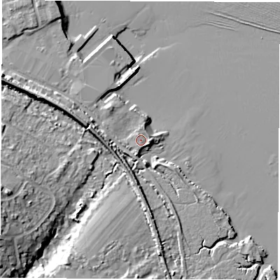 Shaded relief map of the ground around SO456DF, computed from Environment Agency LiDAR. The ground here sits at about 3 m above sea level and falls 14 m across the surrounding 800 m. Surface water reaching this point runs off ground lying to the east, 0.9 m higher.