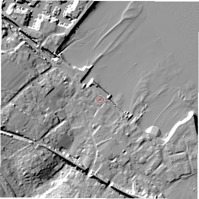 Shaded relief map of the ground around SO456DS, computed from Environment Agency LiDAR. The ground here sits at about 3 m above sea level and falls 14 m across the surrounding 800 m. Surface water reaching this point runs off ground lying to the west-south-west, 9.4 m higher.
