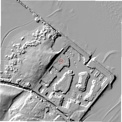 Shaded relief map of the ground around SO456DT, computed from Environment Agency LiDAR. The ground here sits at about 3 m above sea level and falls 14 m across the surrounding 800 m. Surface water reaching this point runs off ground lying to the west-north-west, 7.2 m higher.