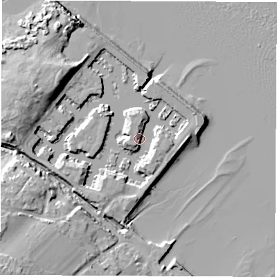 Shaded relief map of the ground around SO456DW, computed from Environment Agency LiDAR. The ground here sits at about 4 m above sea level and falls 16 m across the surrounding 800 m. Surface water reaching this point runs off ground lying to the south-east, 3.9 m higher.