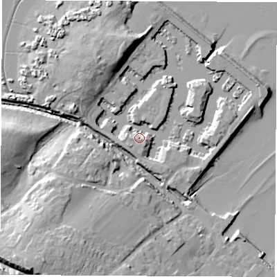 Shaded relief map of the ground around SO456DX, computed from Environment Agency LiDAR. The ground here sits at about 4 m above sea level and falls 18 m across the surrounding 800 m. Surface water reaching this point runs off ground lying to the south-west, 4.4 m higher.