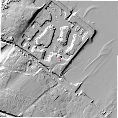 Shaded relief map of the ground around SO456DY, computed from Environment Agency LiDAR. The ground here sits at about 4 m above sea level and falls 17 m across the surrounding 800 m. Surface water reaching this point runs off ground lying to the north-east, 4.2 m higher.