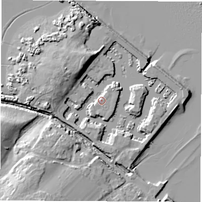 Shaded relief map of the ground around SO456DZ, computed from Environment Agency LiDAR. The ground here sits at about 3 m above sea level and falls 16 m across the surrounding 800 m. Surface water reaching this point runs off ground lying to the north-east, 1.8 m higher.
