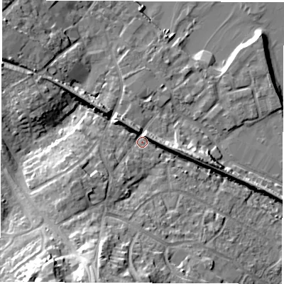 Shaded relief map of the ground around SO456EA, computed from Environment Agency LiDAR. The ground here sits at about 5 m above sea level and falls 25 m across the surrounding 800 m. Surface water reaching this point runs off ground lying to the west-south-west, 9.3 m higher.