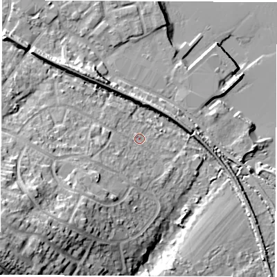 Shaded relief map of the ground around SO456FD, computed from Environment Agency LiDAR. The ground here sits at about 4 m above sea level and falls 28 m across the surrounding 800 m. Surface water reaching this point runs off ground lying to the south-west, 19.2 m higher.