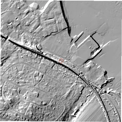 Shaded relief map of the ground around SO456GJ, computed from Environment Agency LiDAR. The ground here sits at about 3 m above sea level and falls 26 m across the surrounding 800 m. Surface water reaching this point runs off ground lying to the south-west, 20.9 m higher.