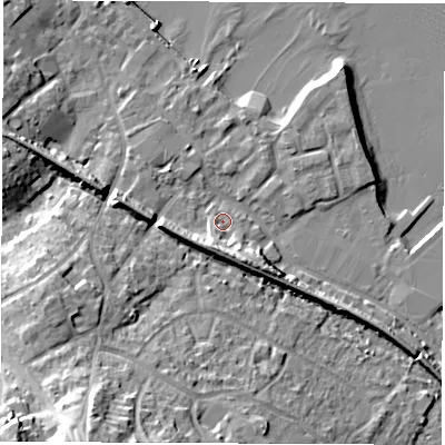 Shaded relief map of the ground around SO456HA, computed from Environment Agency LiDAR. The ground here sits at about 4 m above sea level and falls 24 m across the surrounding 800 m. Surface water reaching this point runs off ground lying to the south-south-east, 5.5 m higher.