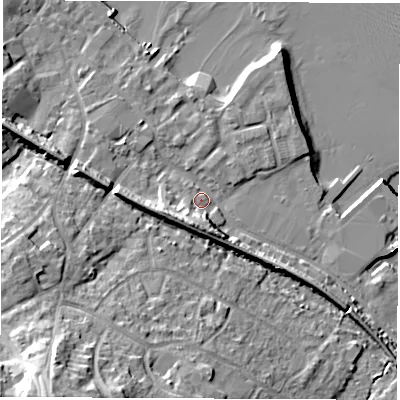 Shaded relief map of the ground around SO456HB, computed from Environment Agency LiDAR. The ground here sits at about 3 m above sea level and falls 25 m across the surrounding 800 m. Surface water reaching this point runs off ground lying to the south, 6.2 m higher.