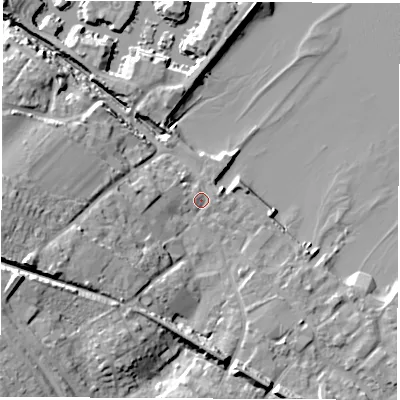 Shaded relief map of the ground around SO456HD, computed from Environment Agency LiDAR. The ground here sits at about 3 m above sea level and falls 16 m across the surrounding 800 m. Surface water reaching this point runs off ground lying to the west-south-west, 9.6 m higher.