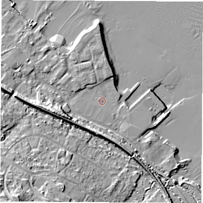 Shaded relief map of the ground around SO456HE, computed from Environment Agency LiDAR. The ground here sits at about 3 m above sea level and falls 23 m across the surrounding 800 m. Surface water reaching this point runs off ground lying to the south-south-east, 0.5 m higher.