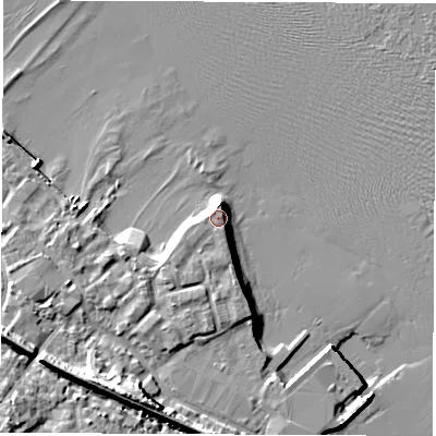 Shaded relief map of the ground around SO456JD, computed from Environment Agency LiDAR. The ground here sits at about 4 m above sea level and falls 12 m across the surrounding 800 m. The ground contributing surface water to this point lies to the north-east.