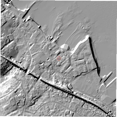 Shaded relief map of the ground around SO456JR, computed from Environment Agency LiDAR. The ground here sits at about 3 m above sea level and falls 16 m across the surrounding 800 m. Surface water reaching this point runs off ground lying to the north-north-east, 1.2 m higher.