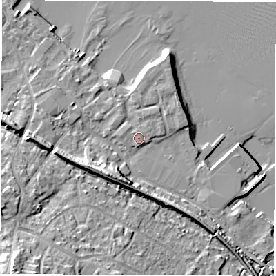 Shaded relief map of the ground around SO456JU, computed from Environment Agency LiDAR. The ground here sits at about 4 m above sea level and falls 22 m across the surrounding 800 m. Surface water reaching this point runs off ground lying to the north-north-west, 0.6 m higher.