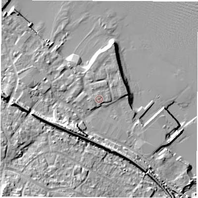 Shaded relief map of the ground around SO456JW, computed from Environment Agency LiDAR. The ground here sits at about 4 m above sea level and falls 22 m across the surrounding 800 m. The ground contributing surface water to this point lies to the east-north-east.