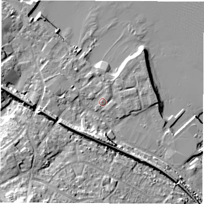 Shaded relief map of the ground around SO456JY, computed from Environment Agency LiDAR. The ground here sits at about 4 m above sea level and falls 20 m across the surrounding 800 m. Surface water reaching this point runs off ground lying to the north-west, 1.0 m higher.