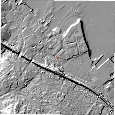 Shaded relief map of the ground around SO456JZ, computed from Environment Agency LiDAR. The ground here sits at about 3 m above sea level and falls 23 m across the surrounding 800 m. Surface water reaching this point runs off ground lying to the west-south-west, 10.6 m higher.