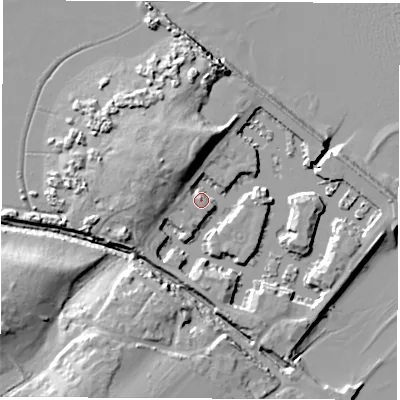 Shaded relief map of the ground around SO456LA, computed from Environment Agency LiDAR. The ground here sits at about 4 m above sea level and falls 16 m across the surrounding 800 m. Surface water reaching this point runs off ground lying to the north-west, 9.7 m higher.