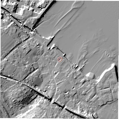 Shaded relief map of the ground around SO456RU, computed from Environment Agency LiDAR. The ground here sits at about 3 m above sea level and falls 14 m across the surrounding 800 m. Surface water reaching this point runs off ground lying to the west-south-west, 8.2 m higher.