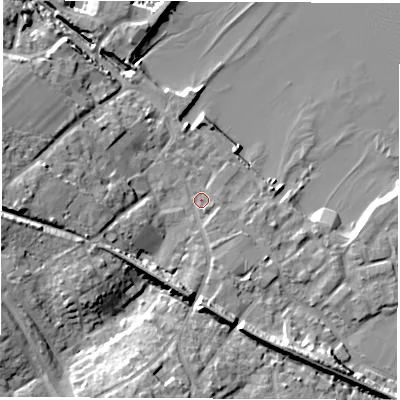 Shaded relief map of the ground around SO456YU, computed from Environment Agency LiDAR. The ground here sits at about 3 m above sea level and falls 15 m across the surrounding 800 m. Surface water reaching this point runs off ground lying to the south-south-west, 10.8 m higher.