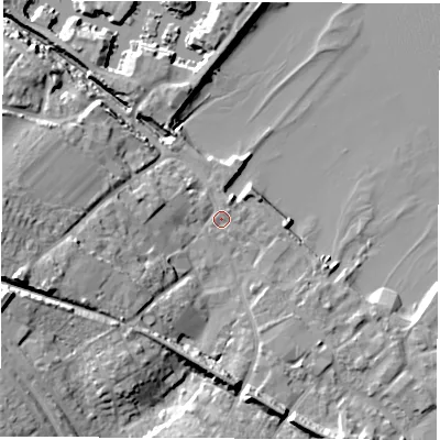 Shaded relief map of the ground around SO456YW, computed from Environment Agency LiDAR. The ground here sits at about 3 m above sea level and falls 16 m across the surrounding 800 m. Surface water reaching this point runs off ground lying to the west-south-west, 9.6 m higher.