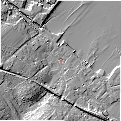 Shaded relief map of the ground around SO456ZB, computed from Environment Agency LiDAR. The ground here sits at about 2 m above sea level and falls 15 m across the surrounding 800 m. Surface water reaching this point runs off ground lying to the south-south-west, 9.3 m higher.