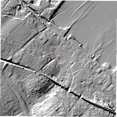 Shaded relief map of the ground around SO456ZL, computed from Environment Agency LiDAR. The ground here sits at about 3 m above sea level and falls 16 m across the surrounding 800 m. Surface water reaching this point runs off ground lying to the west, 11.0 m higher.