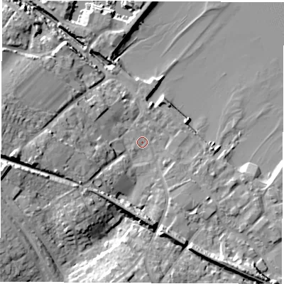 Shaded relief map of the ground around SO456ZN, computed from Environment Agency LiDAR. The ground here sits at about 3 m above sea level and falls 16 m across the surrounding 800 m. Surface water reaching this point runs off ground lying to the west, 11.1 m higher.