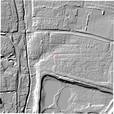 Shaded relief map of the ground around SO505BG, computed from Environment Agency LiDAR. The ground here sits at about 12 m above sea level and falls 11 m across the surrounding 800 m. Surface water reaching this point runs off ground lying to the east, 2.1 m higher.
