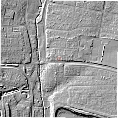 Shaded relief map of the ground around SO505BX, computed from Environment Agency LiDAR. The ground here sits at about 13 m above sea level and falls 11 m across the surrounding 800 m. Surface water reaching this point runs off ground lying to the north-north-east, 3.6 m higher.