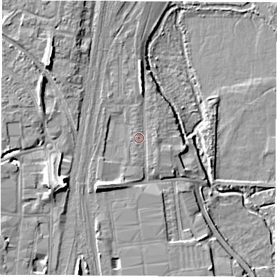 Shaded relief map of the ground around SO506AA, computed from Environment Agency LiDAR. The ground here sits at about 15 m above sea level and falls 12 m across the surrounding 800 m. Surface water reaching this point runs off ground lying to the east, 0.8 m higher.