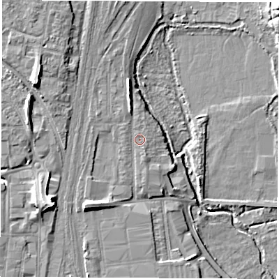Shaded relief map of the ground around SO506AB, computed from Environment Agency LiDAR. The ground here sits at about 15 m above sea level and falls 12 m across the surrounding 800 m. Surface water reaching this point runs off ground lying to the north-west, 0.6 m higher.