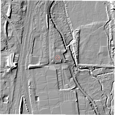 Shaded relief map of the ground around SO506AD, computed from Environment Agency LiDAR. The ground here sits at about 15 m above sea level and falls 12 m across the surrounding 800 m. Surface water reaching this point runs off ground lying to the north-west, 0.6 m higher.