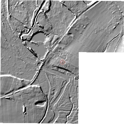 Shaded relief map of the ground around SO506HQ, computed from Environment Agency LiDAR. The ground here sits at about 19 m above sea level and falls 12 m across the surrounding 800 m. Surface water reaching this point runs off ground lying to the east-north-east, 2.2 m higher.