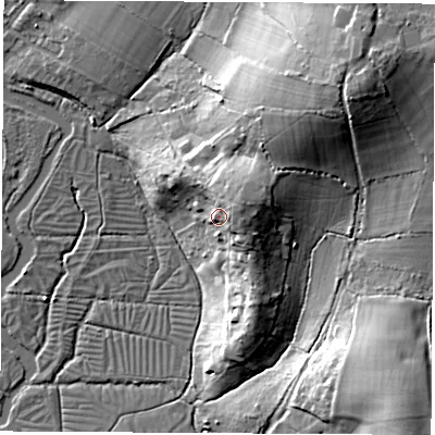 Shaded relief map of the ground around SO506HR, computed from Environment Agency LiDAR. The ground here sits at about 28 m above sea level and falls 24 m across the surrounding 800 m. Surface water reaching this point runs off ground lying to the east-north-east, 8.1 m higher.
