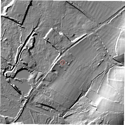 Shaded relief map of the ground around SO506HS, computed from Environment Agency LiDAR. The ground here sits at about 21 m above sea level and falls 20 m across the surrounding 800 m. Surface water reaching this point runs off ground lying to the north-north-east, 1.2 m higher.