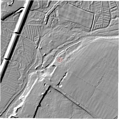 Shaded relief map of the ground around SO506HT, computed from Environment Agency LiDAR. The ground here sits at about 21 m above sea level and falls 10 m across the surrounding 800 m. Surface water reaching this point runs off ground lying to the south-south-east, 2.9 m higher.