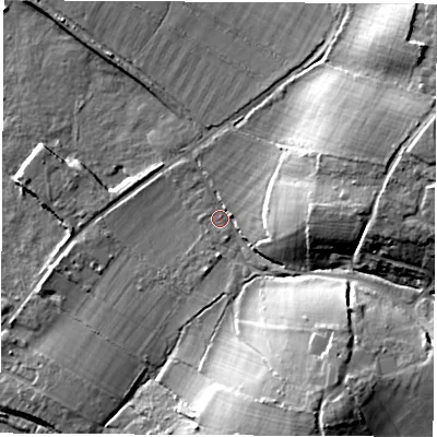Shaded relief map of the ground around SO506HZ, computed from Environment Agency LiDAR. The ground here sits at about 22 m above sea level and falls 21 m across the surrounding 800 m. Surface water reaching this point runs off ground lying to the south-south-east, 15.4 m higher.