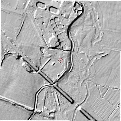 Shaded relief map of the ground around SO506JQ, computed from Environment Agency LiDAR. The ground here sits at about 10 m above sea level and falls 12 m across the surrounding 800 m. Surface water reaching this point runs off ground lying to the north-north-west, 11.5 m higher.