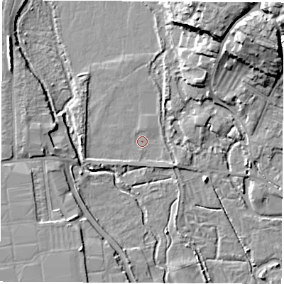Shaded relief map of the ground around SO506LA, computed from Environment Agency LiDAR. The ground here sits at about 11 m above sea level and falls 23 m across the surrounding 800 m. Surface water reaching this point runs off ground lying to the north-east, 21.4 m higher.