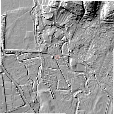 Shaded relief map of the ground around SO506LB, computed from Environment Agency LiDAR. The ground here sits at about 11 m above sea level and falls 22 m across the surrounding 800 m. Surface water reaching this point runs off ground lying to the north-north-east, 21.3 m higher.