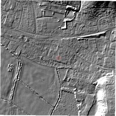 Shaded relief map of the ground around SO506LL, computed from Environment Agency LiDAR. The ground here sits at about 11 m above sea level and falls 19 m across the surrounding 800 m. Surface water reaching this point runs off ground lying to the north-north-east, 1.8 m higher.